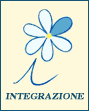 logo integrazione, è costituito dalla i in carattere corsivo, il cui puntino è al centro di un fiore, con la parola INTEGRAZIONE scritta in basso. Fra i petali bianchi uno è azzurro